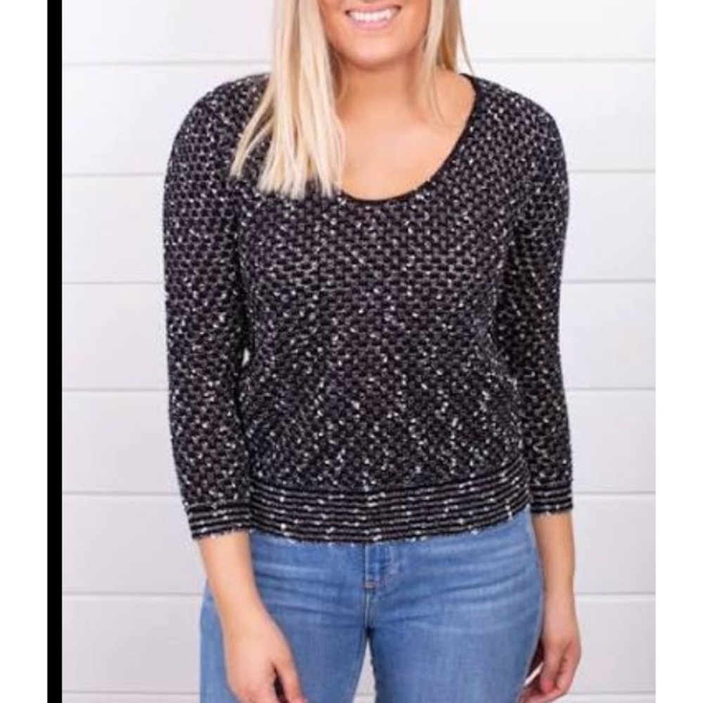 Knot Sisters Black White Textured V-Neck Sweater 3/4 Sleeve Small NWT